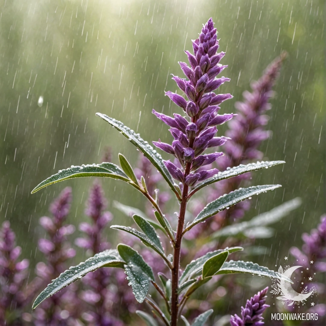 Спокойная картина с нежным вереском под легким дождем, освещенным солнечными лучами и сверкающим шалфейным оттенком.