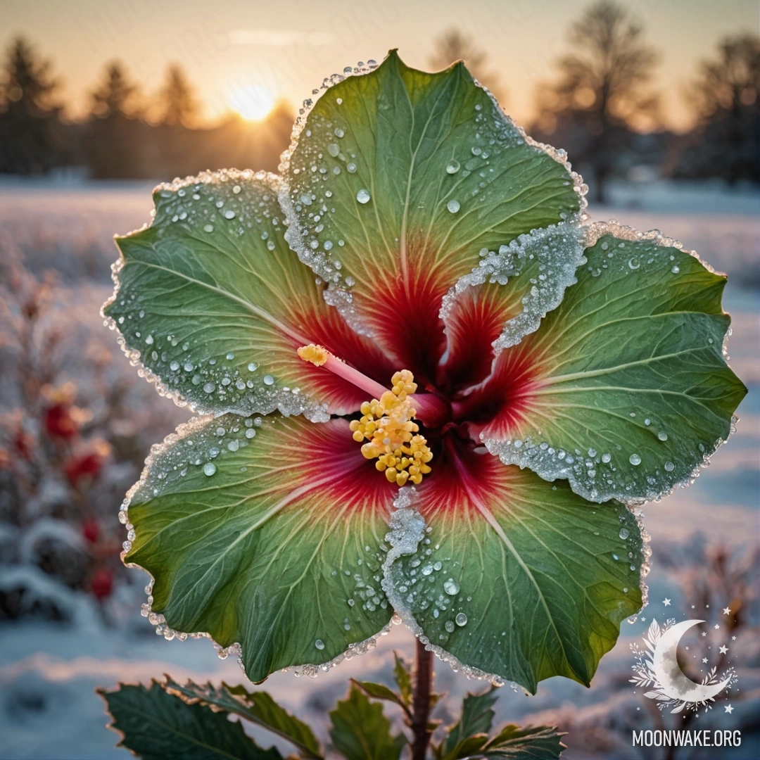 Нежный цветок гибискуса, окружённый инеем на фоне зимнего заката, украшенный зелеными стразами.