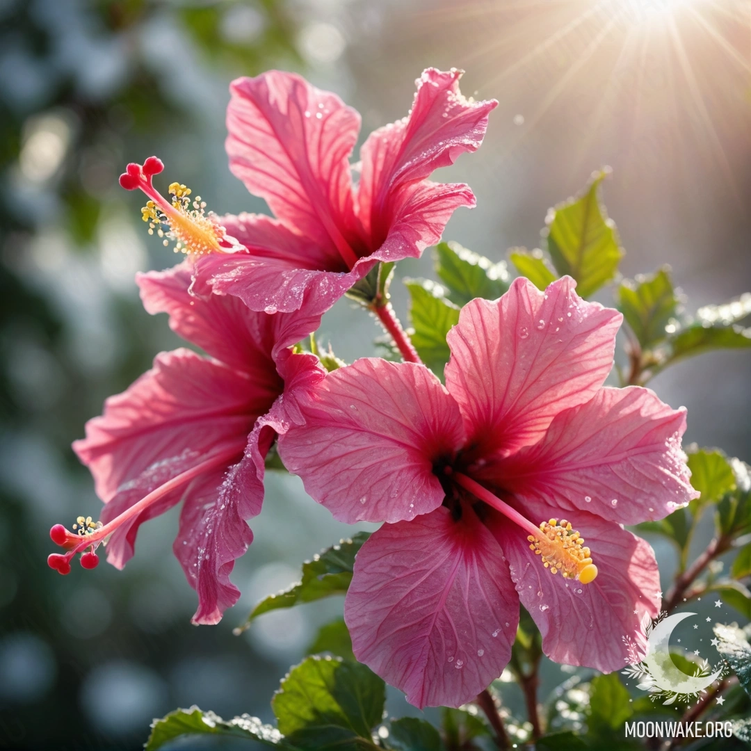 Букет фуксиевых цветов гибискуса, сверкающий от мороза под солнечными лучами.