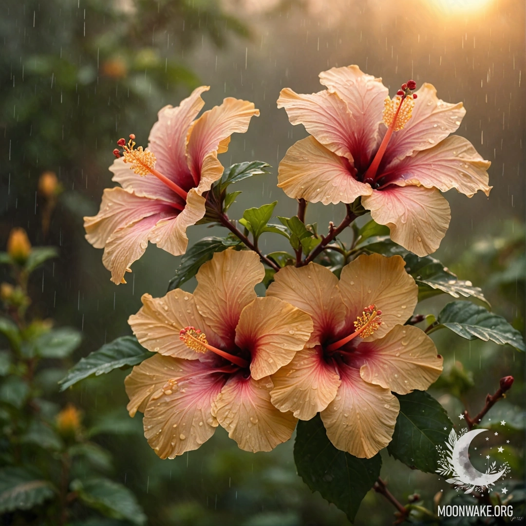 Нежный цветок гибискуса в тумане под дождем на закате с золотистыми оттенками.