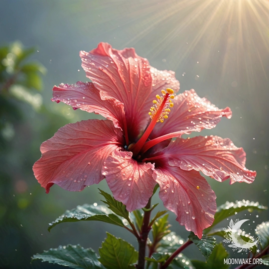 Букет гибискусов, окружённый туманом и солнечными лучами.