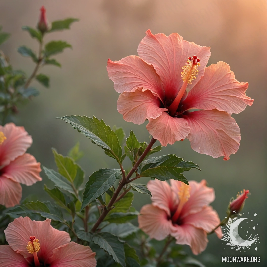 Умиротворяющая сцена с нежными цветами гибискуса, окутанными туманом на закате.