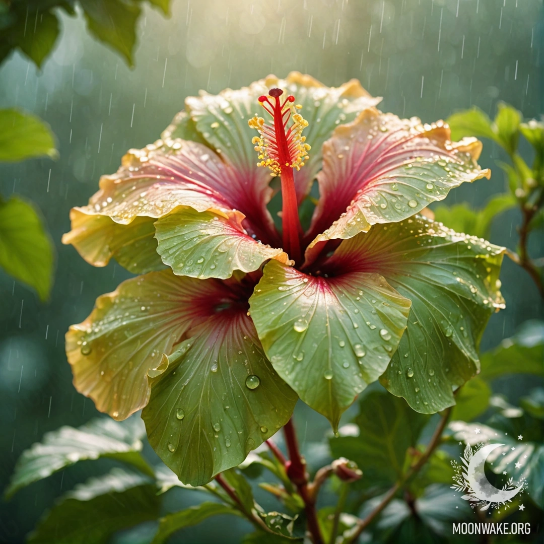 Букет цветков гибискуса яркого зеленого цвета под дождем с солнечными лучами.