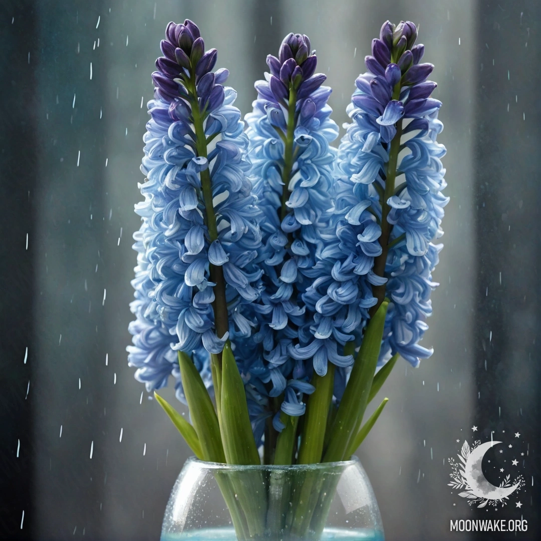 Нежный гиацинт в вазе, окружённый дымкой и дождём ночью.