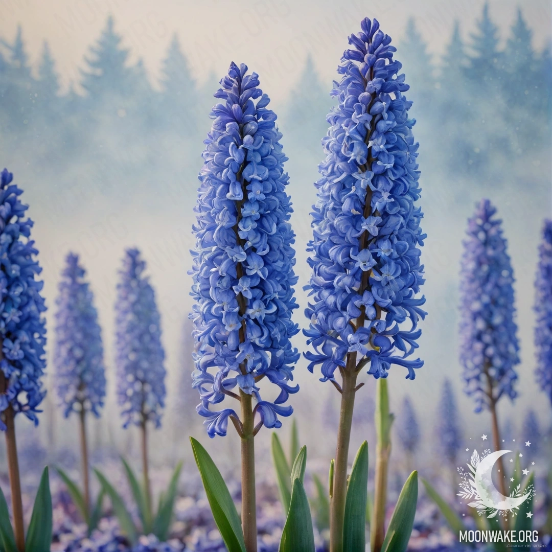 Акварельная картина нежного гиацинта на фоне тумана с искрящимися блестками, в небесно-голубых оттенках.