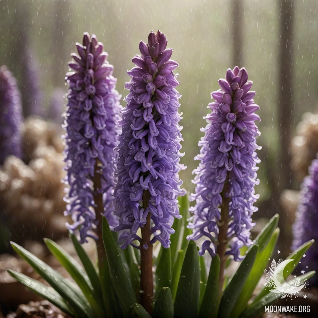 Букет нежных гиацинтов в туманном дожде с солнечными лучами.