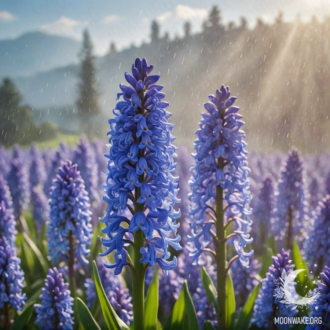 Нежный гиацинт, окружённый туманом и дождем, озарённый солнечными лучами на фоне небесно-голубого цвета.