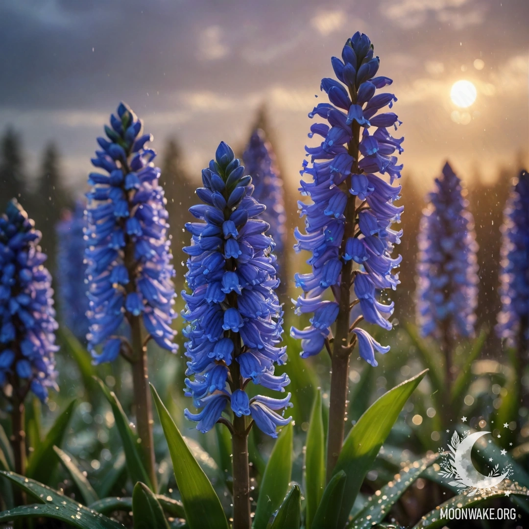 Нежный гиацинт зеленовато-голубого цвета, промокший под дождем на закате, украшенный блестками.