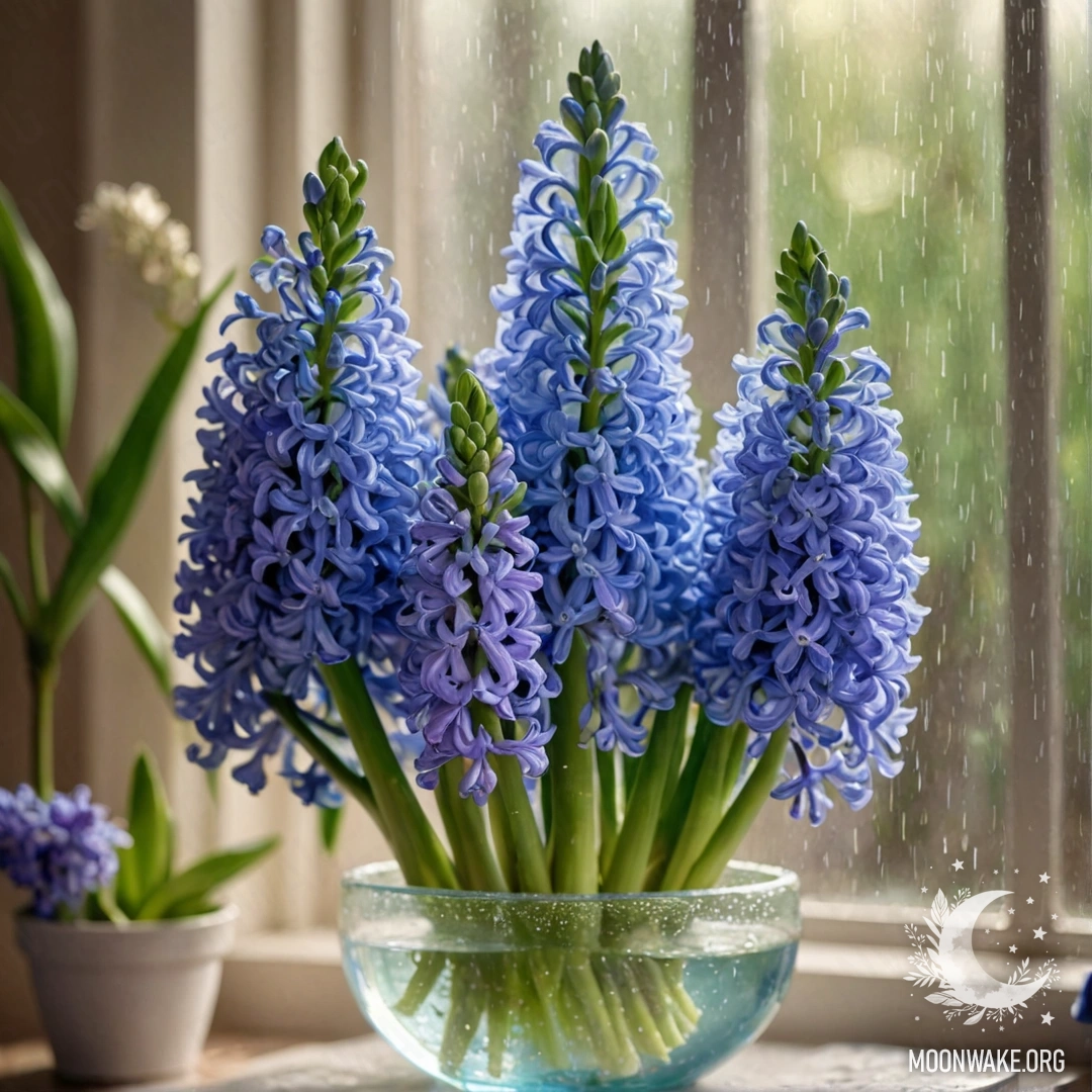 Ваза с нежными гиацинтами под мягким дождем и солнечными лучами.