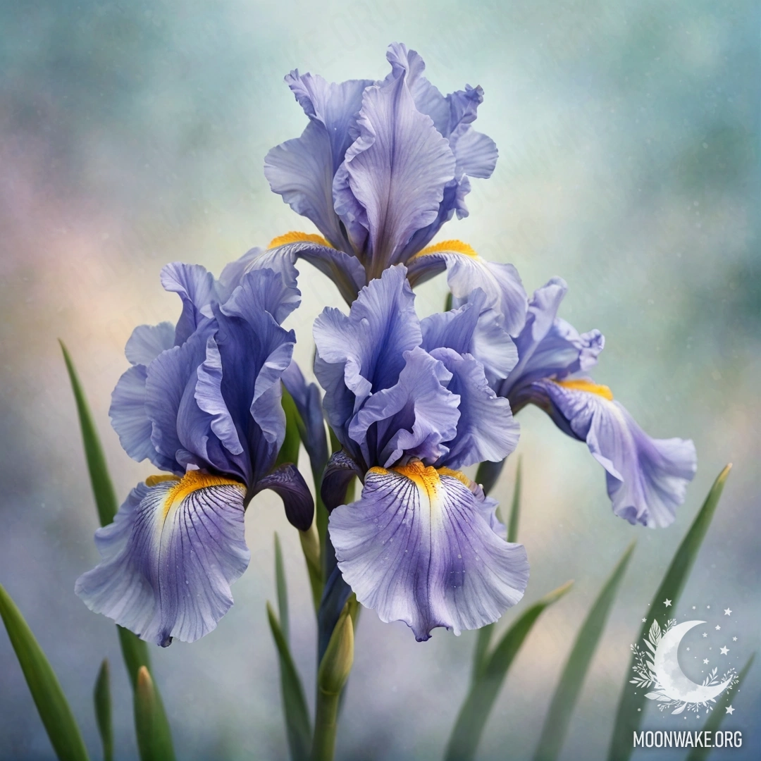 Букет нежных синих ирисов, окруженный туманом.