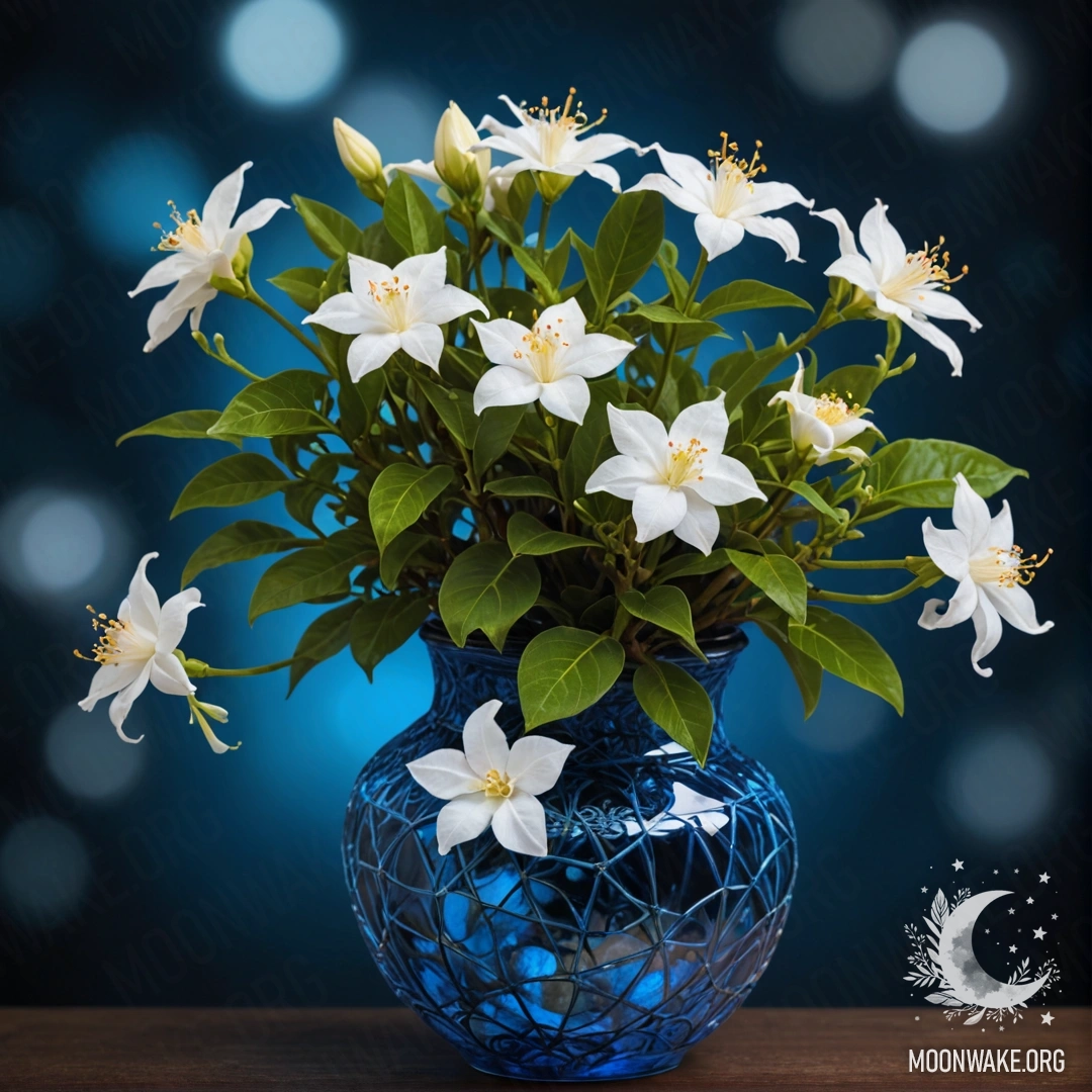 Красивая композиция из нежного жасмина с паутиной в синем вазе ночью.