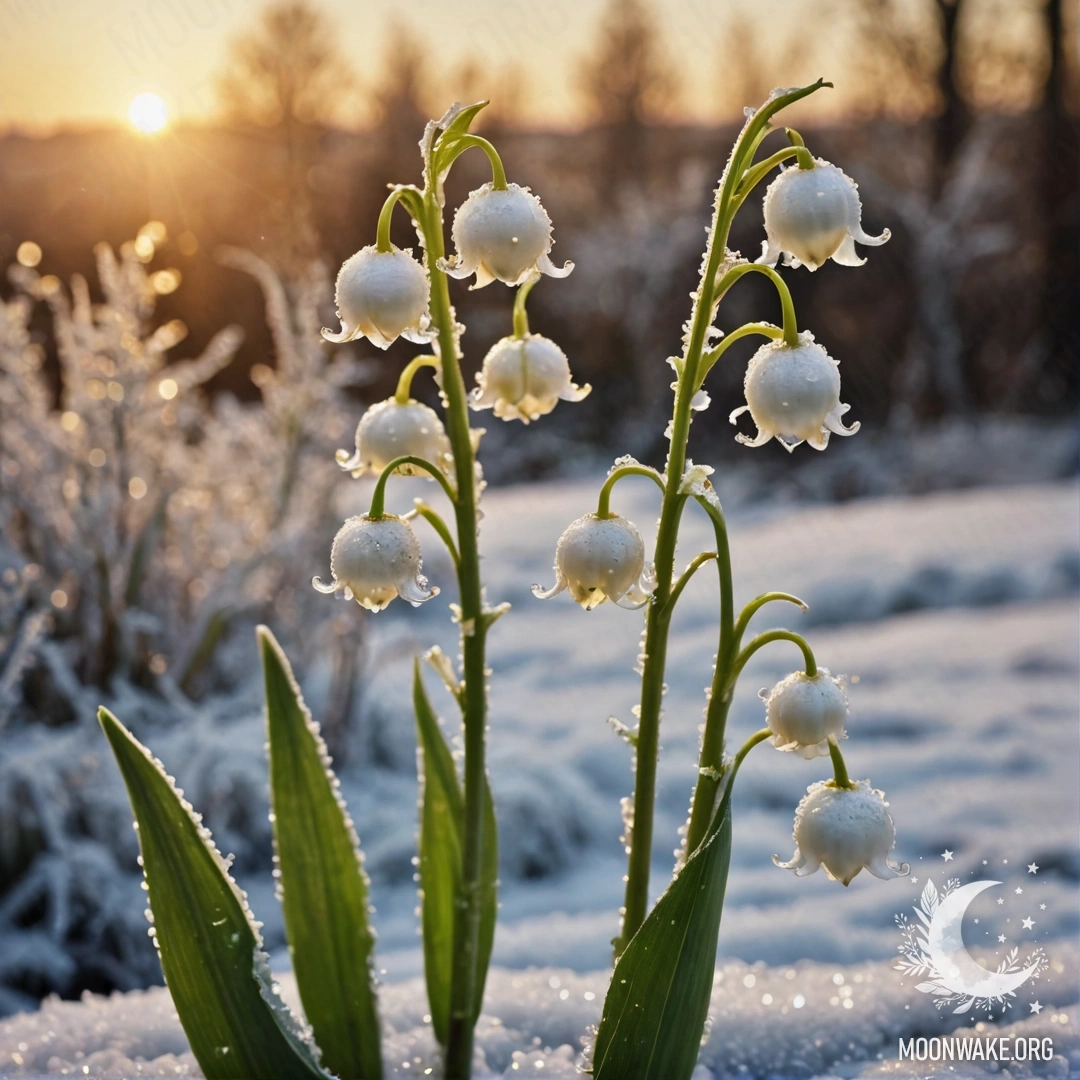 Нежная лилия в долине, покрытая инеем, с золотыми блестками на закате.