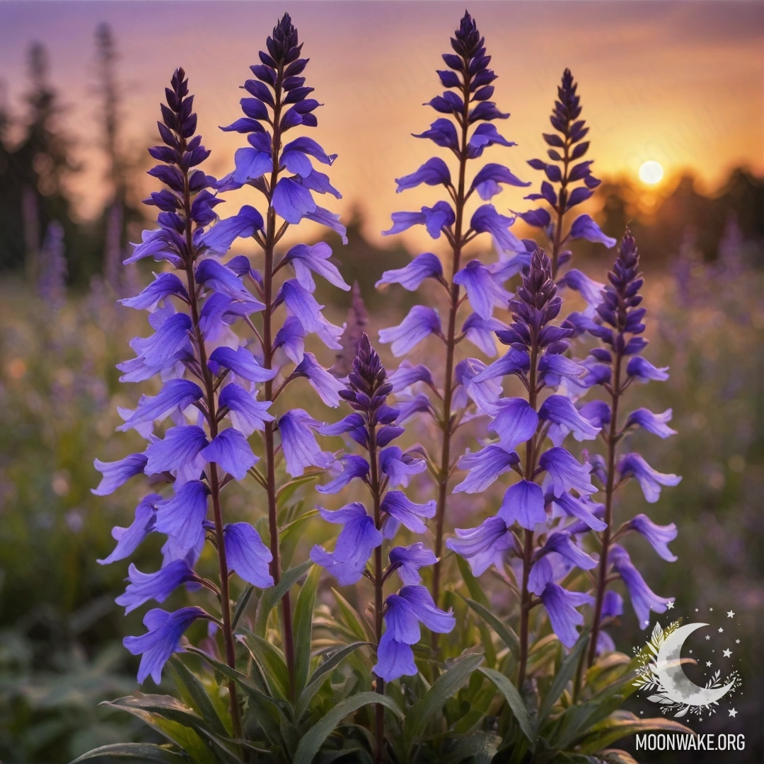 Букет нежных цветов лобелии фиолетового цвета на закате.