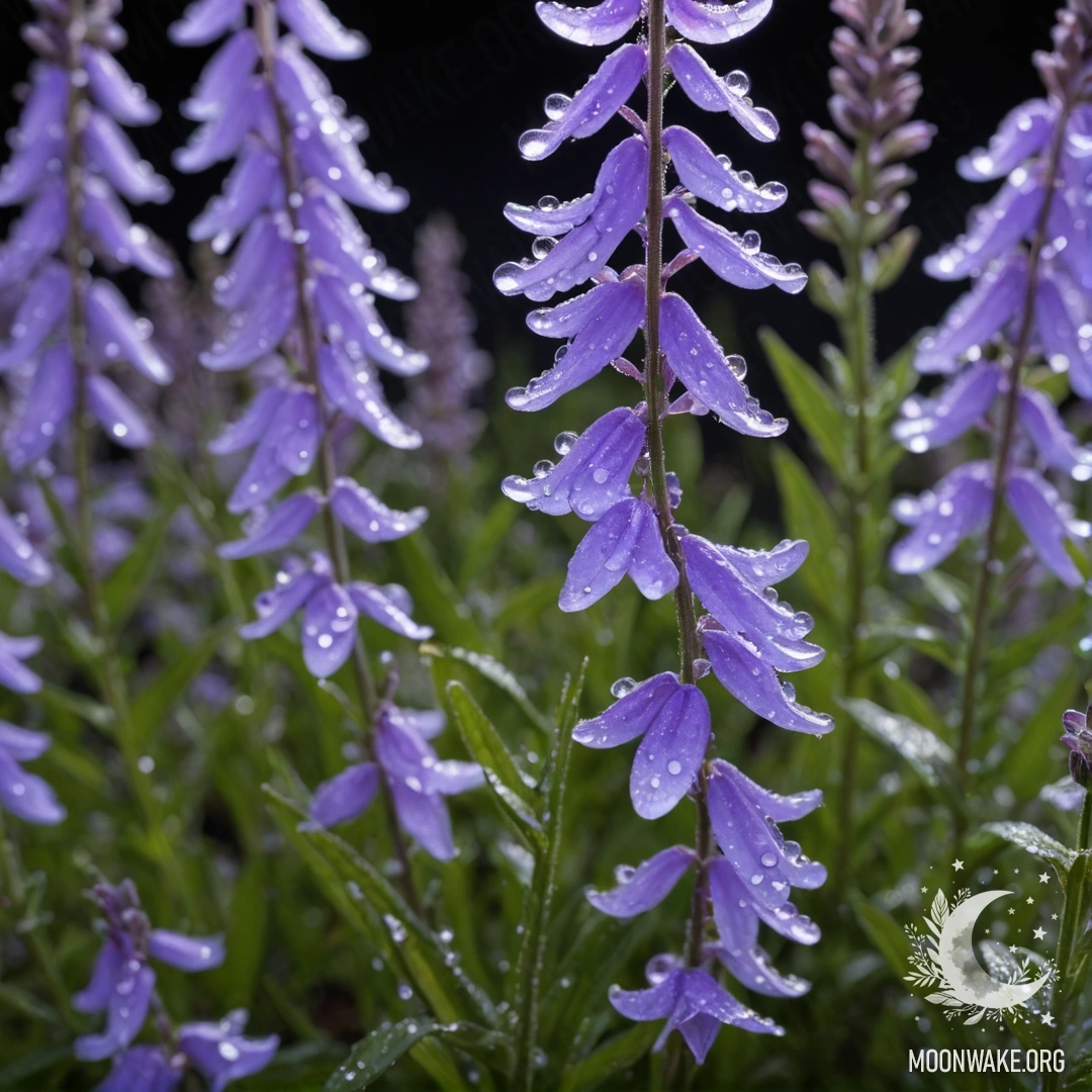 Нежная лобелия с росинками на лепестках под ночным небом.