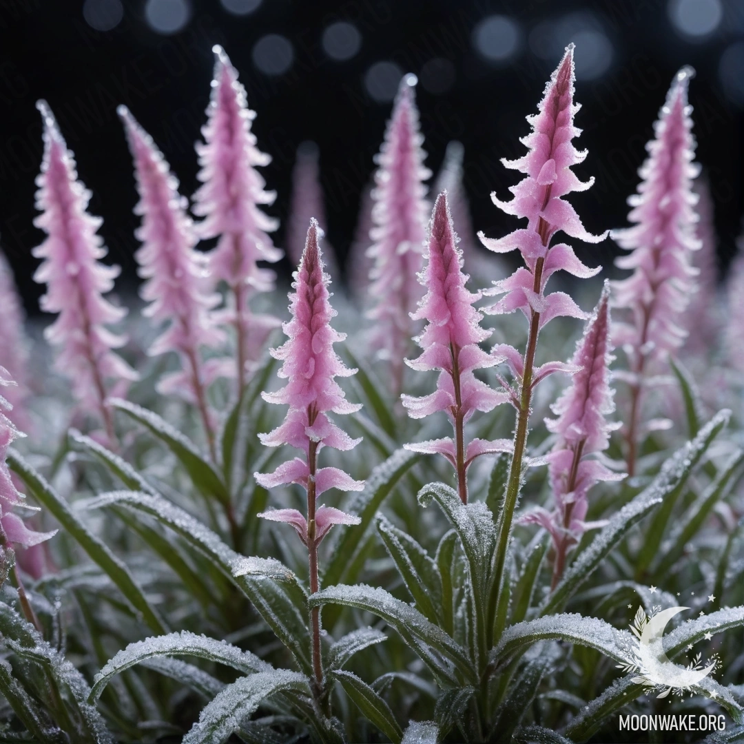 Розовые цветы нежной лобелии, покрытые морозом, ночью.