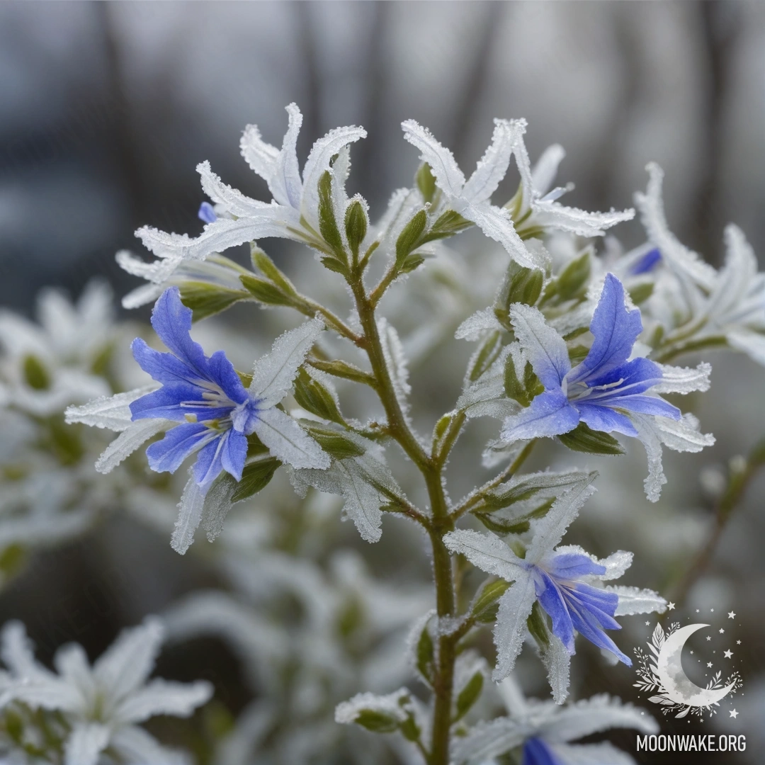 Яркая лобелия цвета лайм, окруженная сложными узорами мороза.