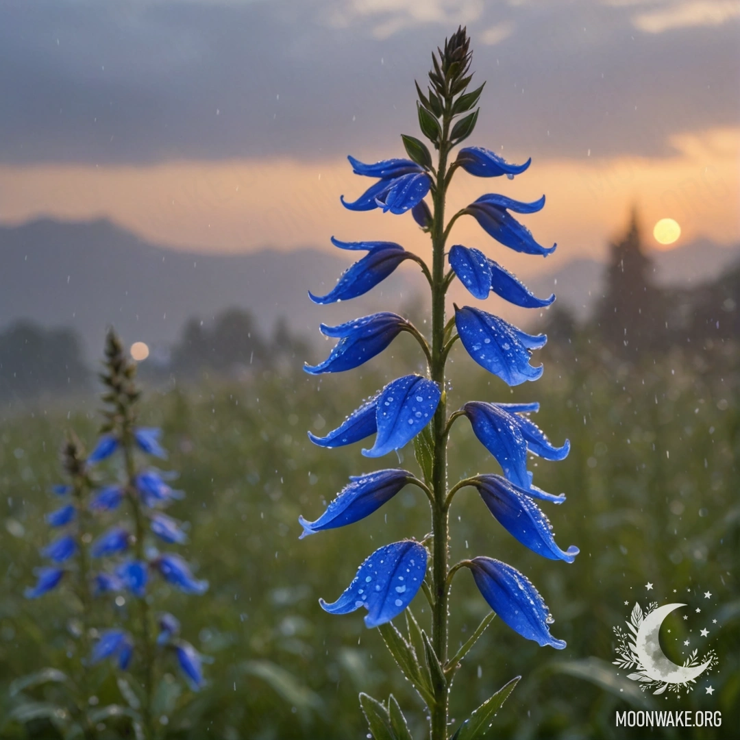 Спокойная сцена с цветами сладкой лобелии в туманном дожде на закате, с небесно-голубым фоном и искорками блеска.