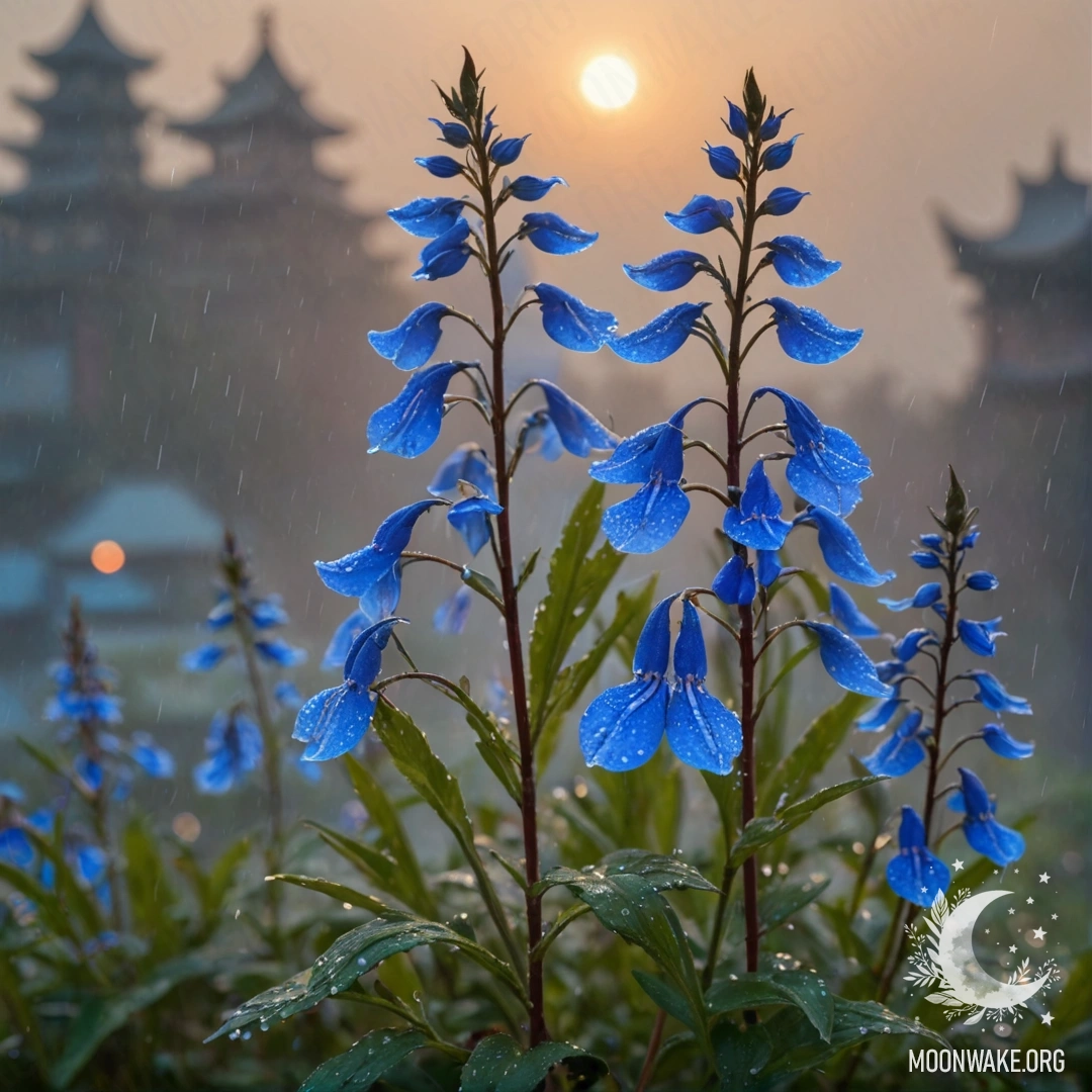 Нежный цветок лобелии в окружении тумана и дождя, освещённый закатным светом.