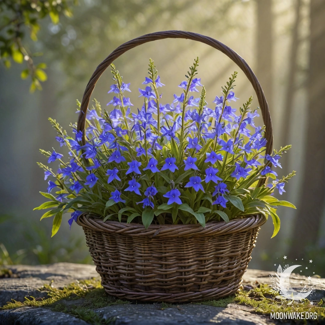 Корзина с цветами сладкой лобелии, окруженная туманом и солнечными лучами.