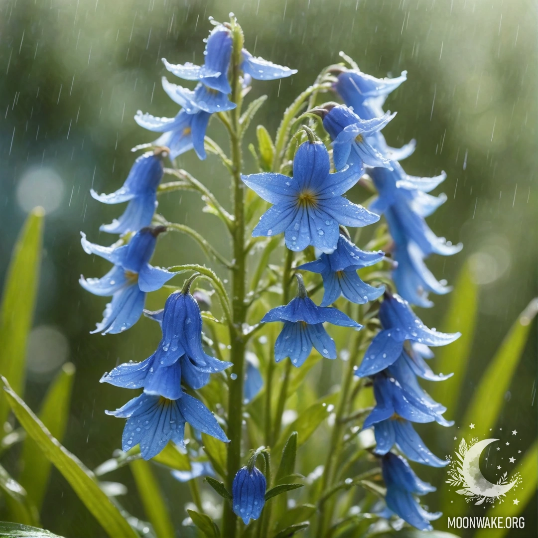 Нежный цветок сладкой лобелии аквамаринового цвета, сверкающий под дождем с лучами солнца на фоне.