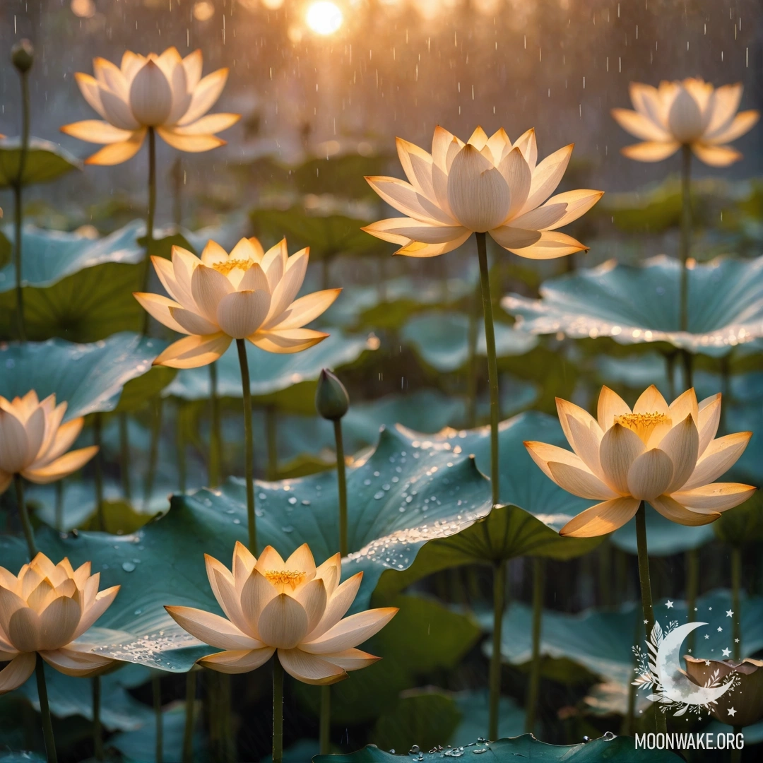 Нежная лилия под мягким дождем во время красочного заката.