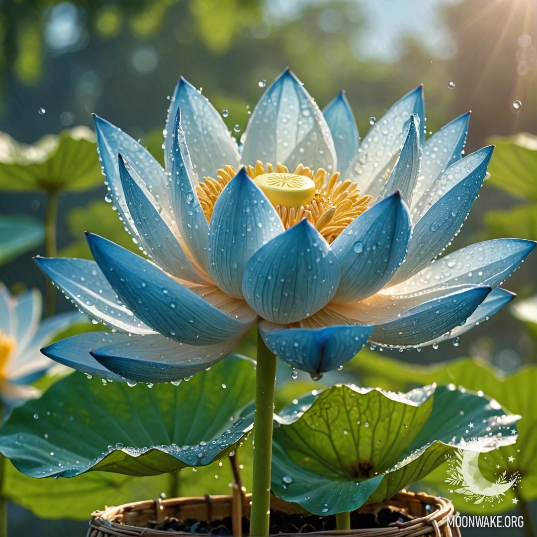 Нежный цветок лотоса, украшенный росинками, расположен в голубой корзине, освещённый солнечными лучами.