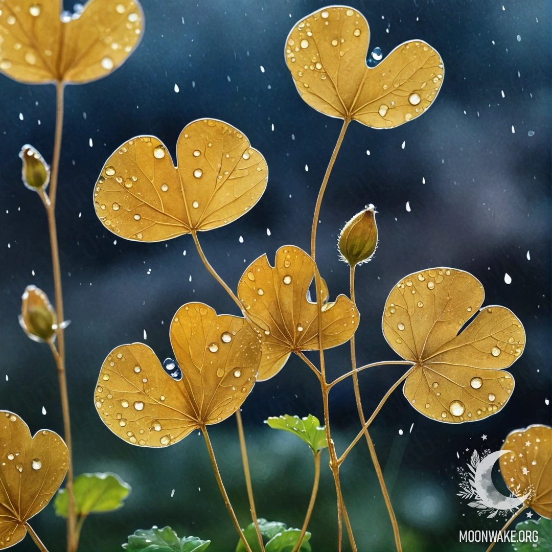 Акварельная картина с нежной лунарией, освещенной каплями дождя ночью.