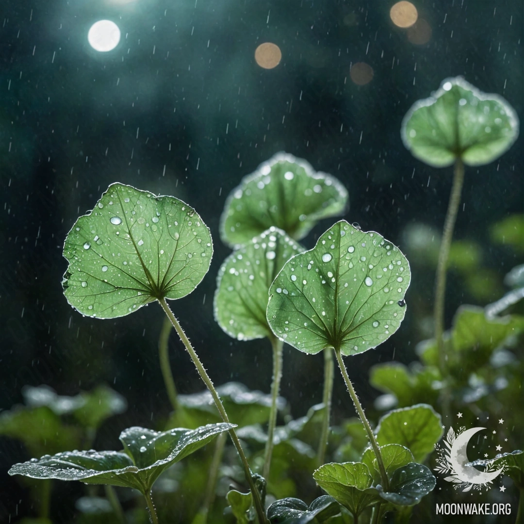 Акварельная картина с нежной лунарией зеленого цвета под дождем ночью.