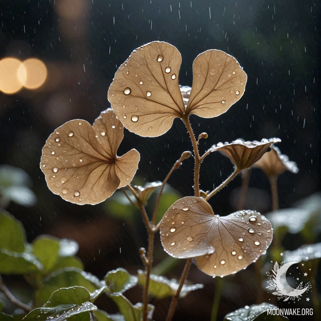 Цифровая картина с нежной лунарией в тумане под дождём ночью, с кофейными оттенками и сверкающими стразами.