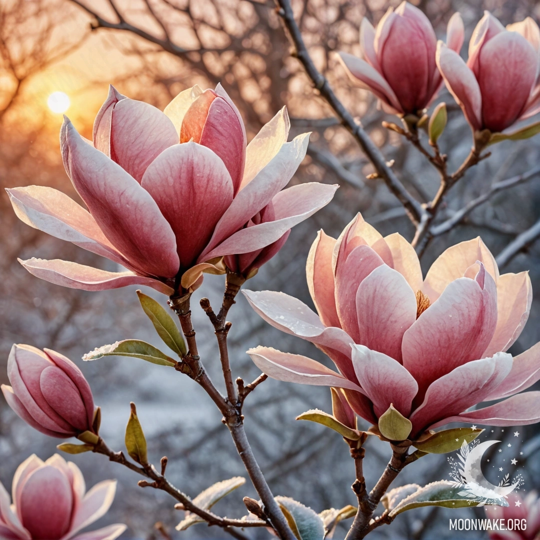 Красивый букет красных магнолий, покрытых инеем на закате.