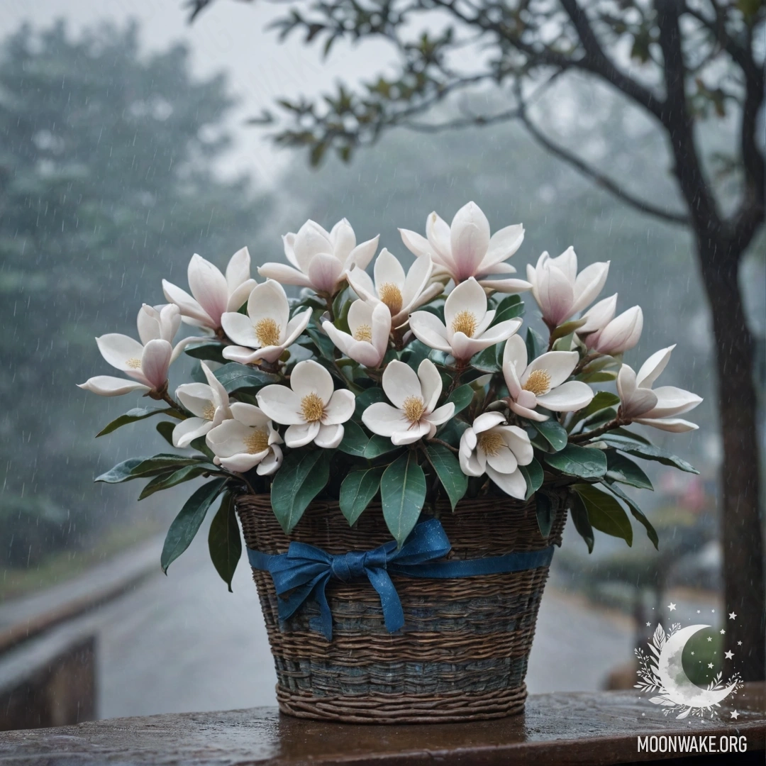 Синяя магнолия в корзине, окруженная туманом и дождем.