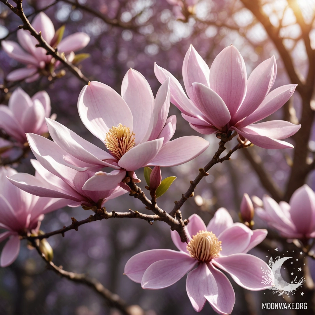 Фиолетовый цветок магнолии, освещенный солнечными лучами.