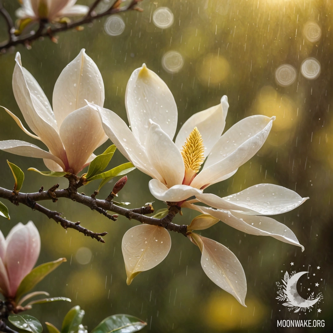 Крупный план нежной магнолии с желтыми узорами и каплями дождя, купающейся в теплом солнечном свете.