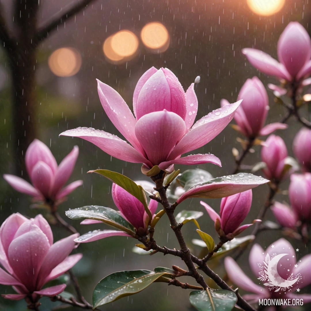 Нежное магнолиевое дерево с фуксиевыми цветами под дождем на закате.