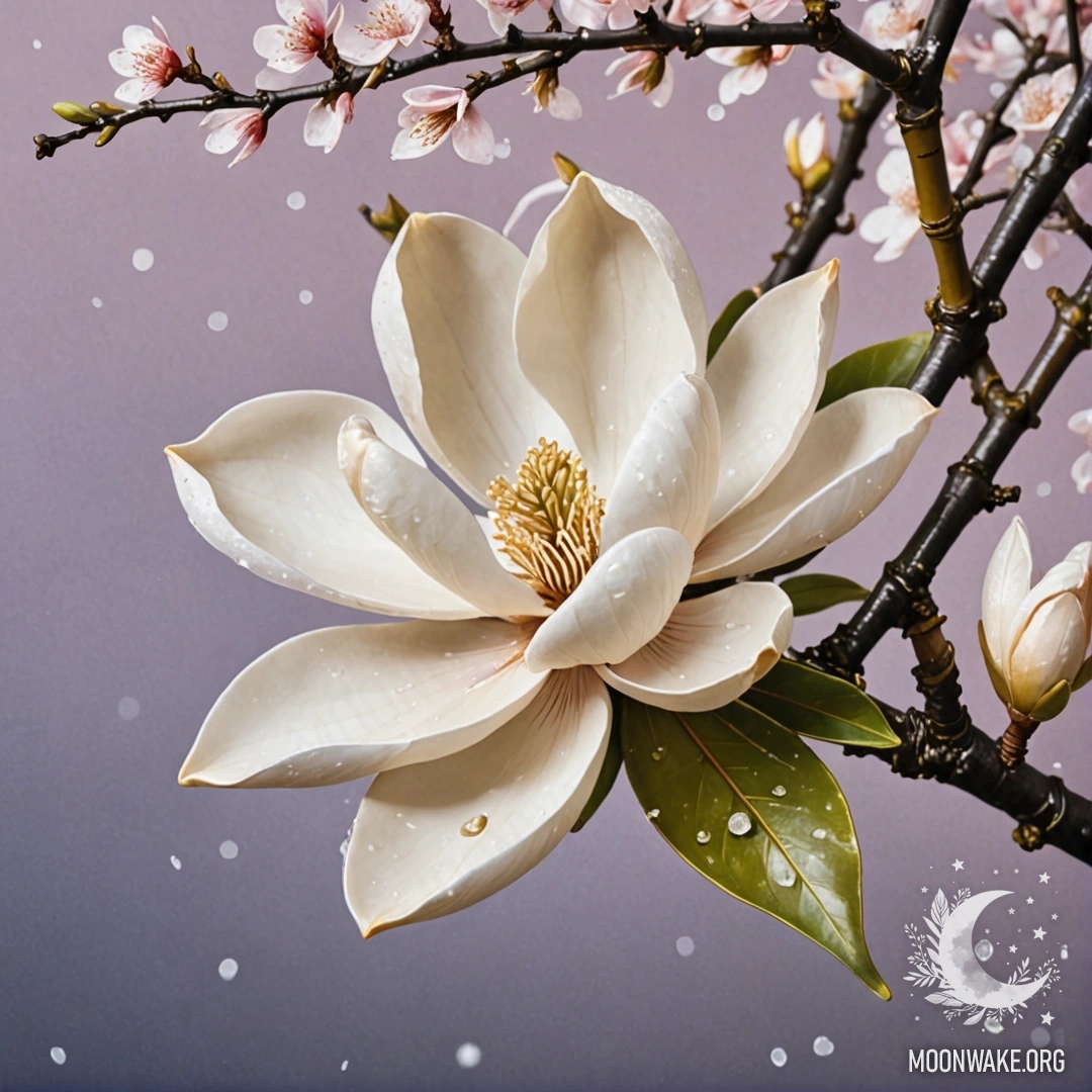 Нежный желтый цветок магнолии, украшенный росинками и блестками.