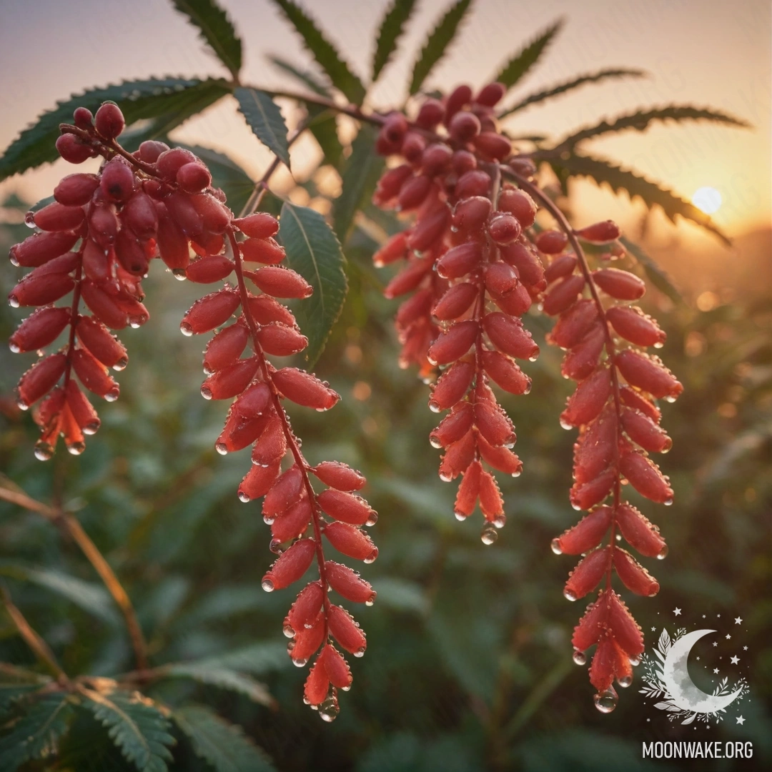 Нежная мимоза с каплями росы на фоне красного заката.