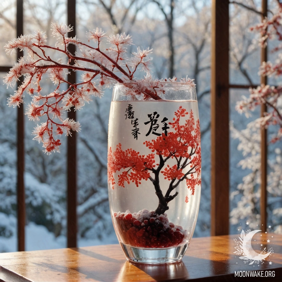 Яркая красная мимоза в морозном вазе, купающаяся в солнечном свете.