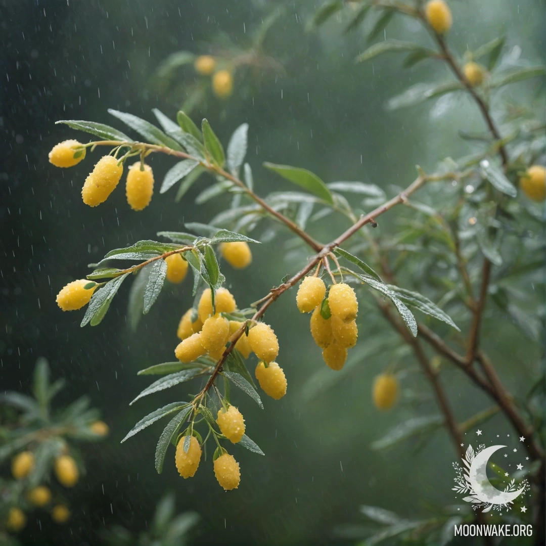 Нежный цветок мимозы окружённый туманом и дождём в ночное время.