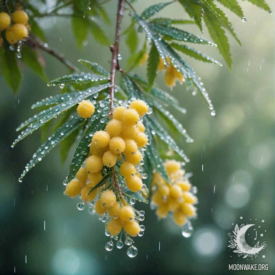 Нежный цветок мимозы аквамаринового цвета, сверкающий стразами под дождем и солнечными лучами.