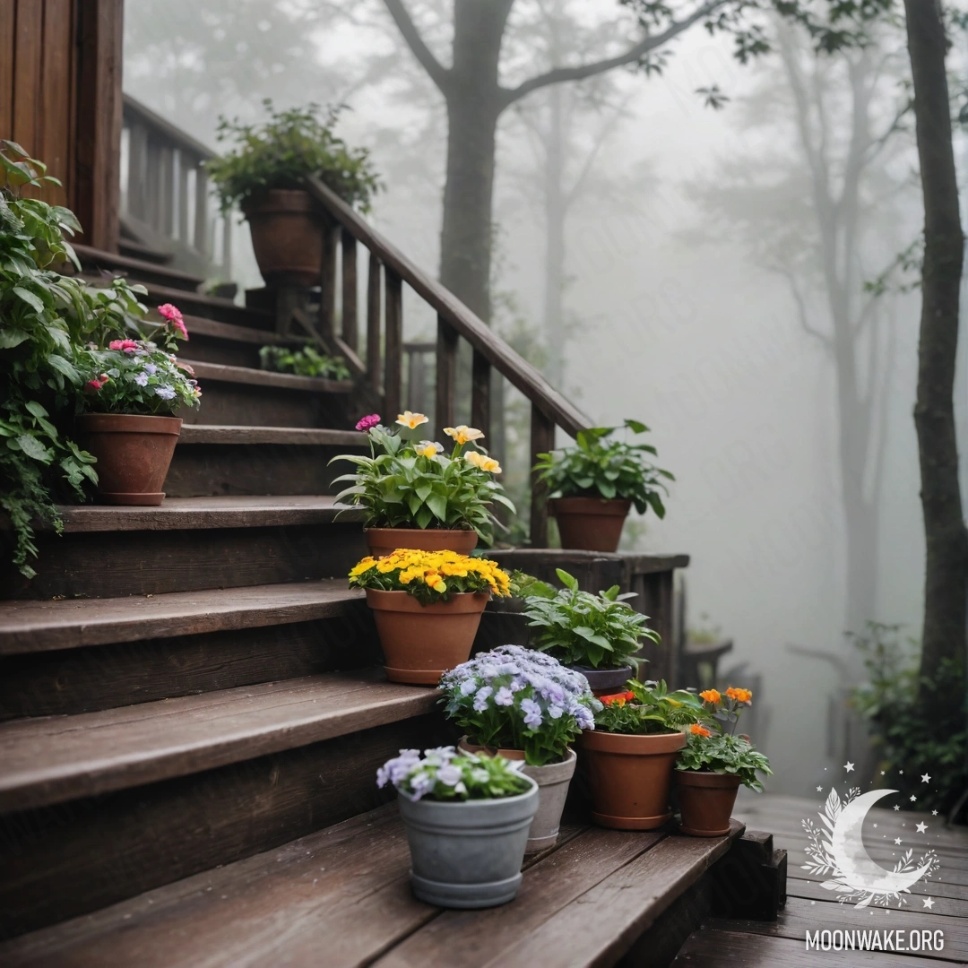 Деревянная лестница, окутанная густым туманом, украшенная цветочными горшками.