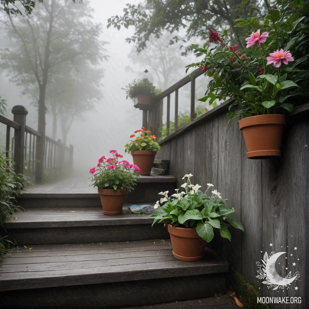 Деревянная лестница, окруженная густым туманом и цветочными горшками.