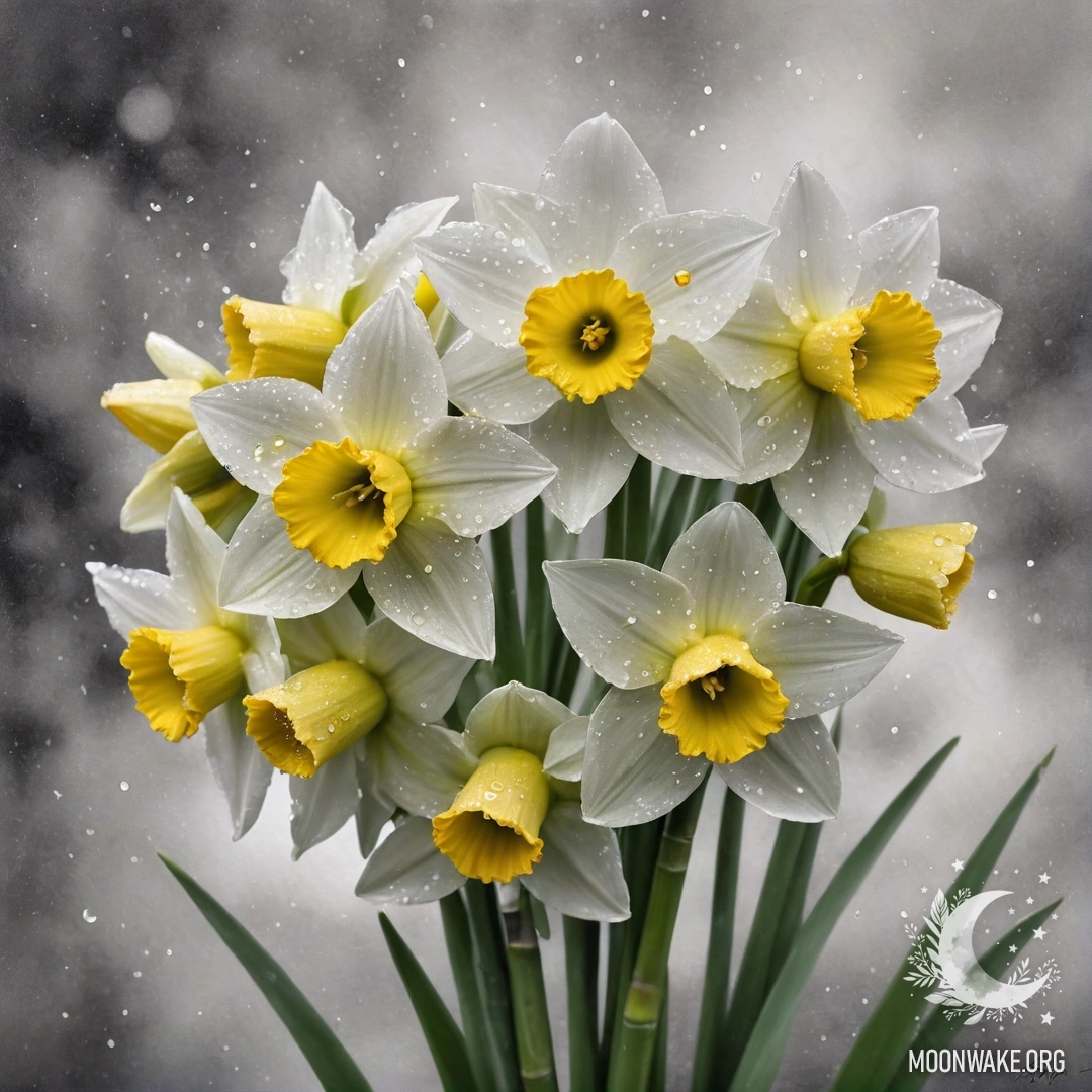 Букет нежных нарциссов светло-зеленого цвета, украшенный каплями росы.