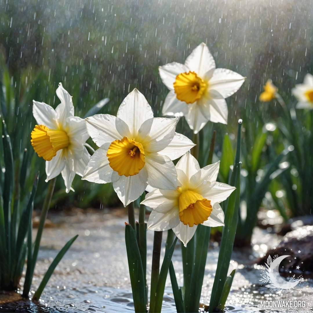 Нежный цветок нарцисса, озаренный солнечными лучами, окруженный каплями дождя.