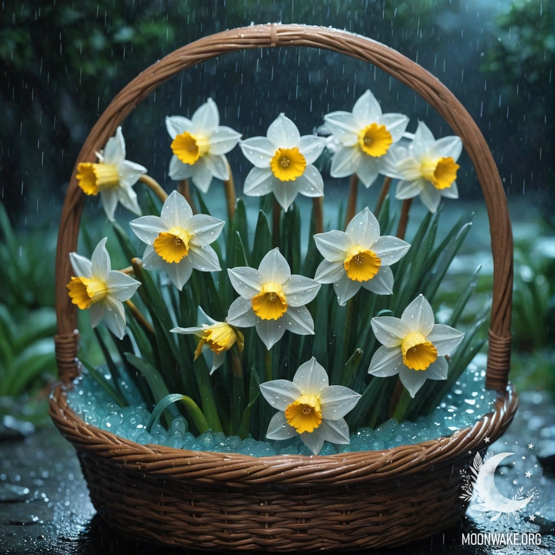 Нежный цветок нарцисса в корзине, окруженный туманом и дождем ночью.