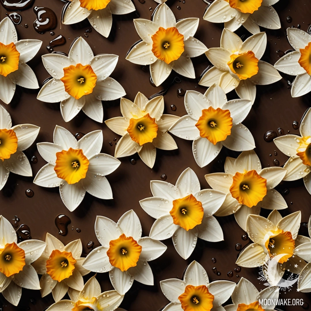 Дизайн узора с изображением нежных нарциссов в кофейных тонах.