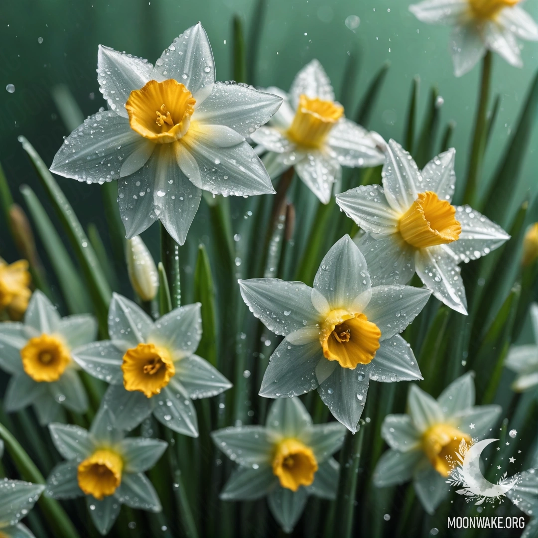 Нарцисс мятного цвета, украшенный каплями росы и блестками.