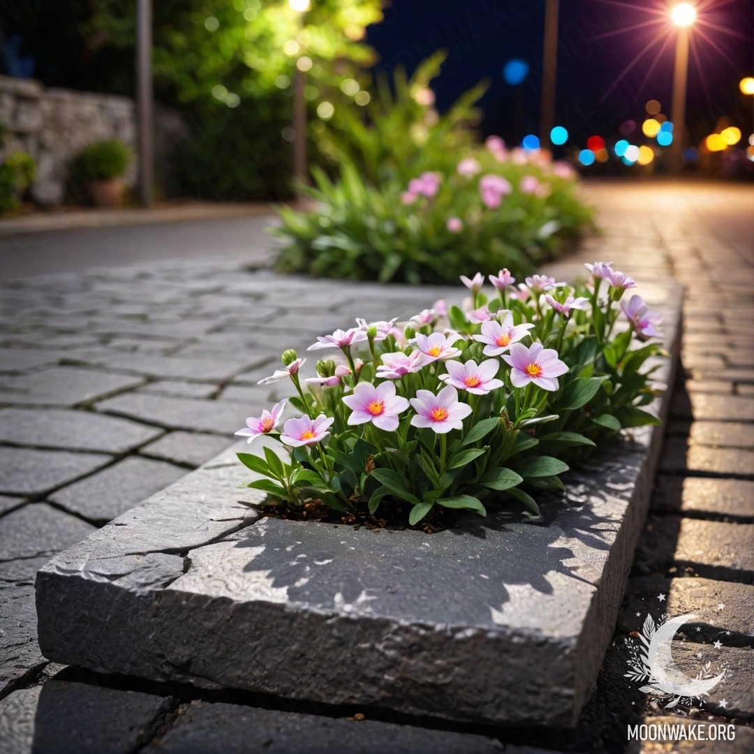 Симпатичный каменный бордюр с мелкими белыми и розовыми цветами, растущими за ним ночью.