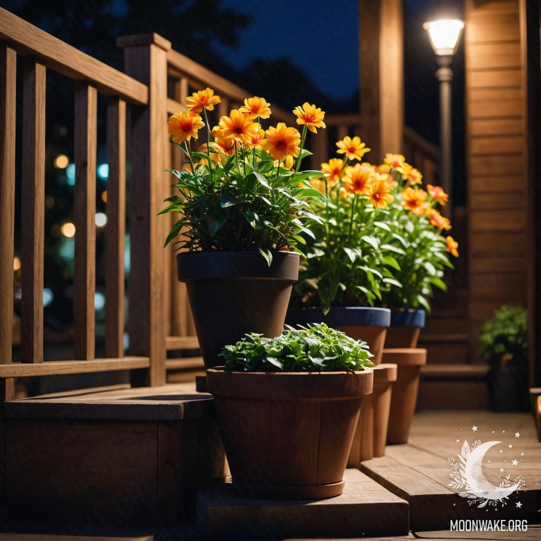 Деревянная лестница, украшенная цветочными горшками в ночное время.