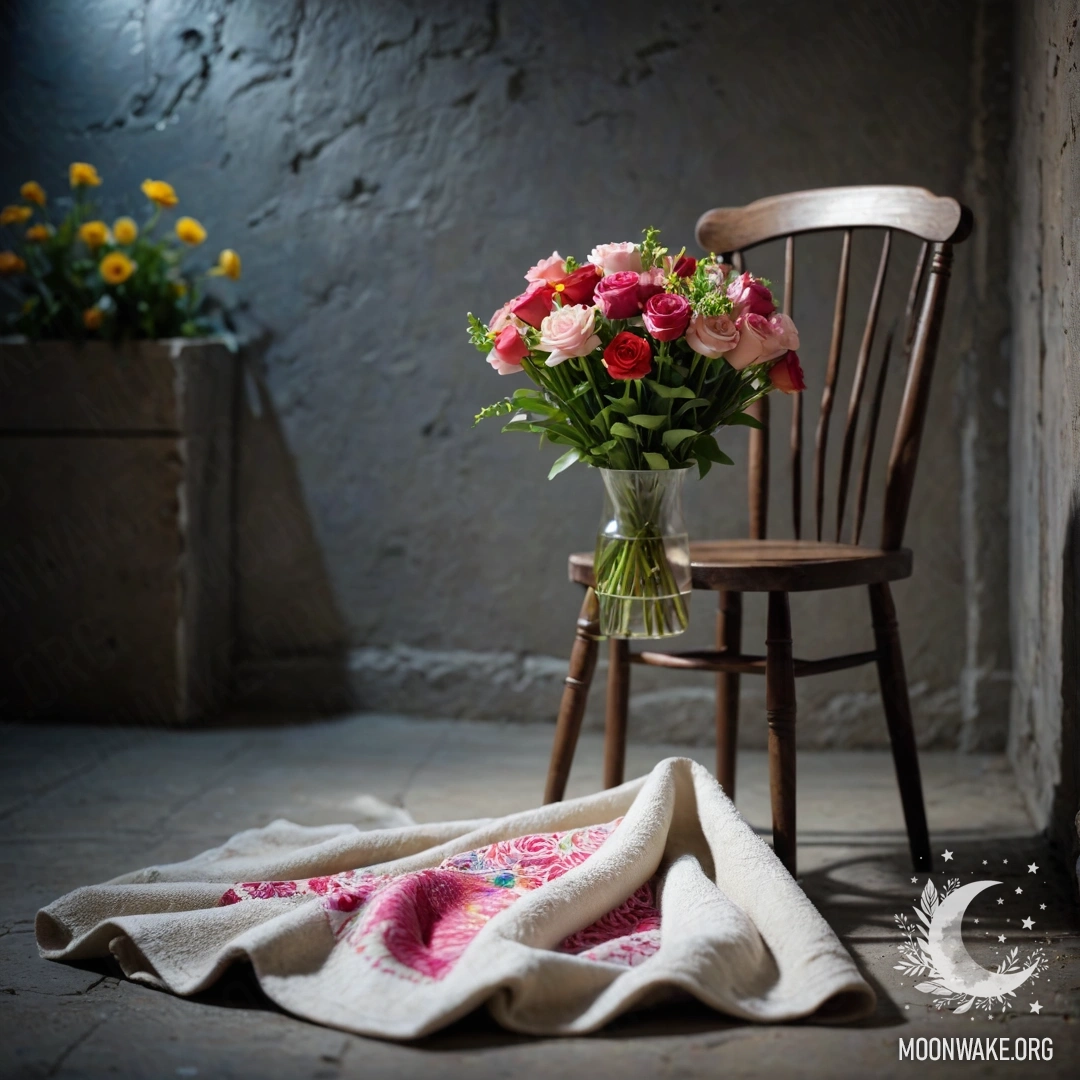 Уютное кресло с пледом и букетом цветов на фоне обшарпанной стены ночью.