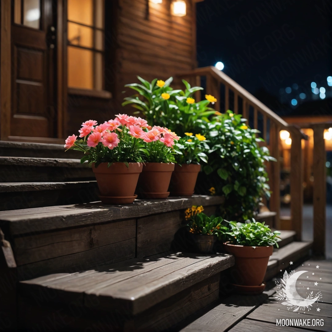 Деревянная лестница, украшенная цветочными горшками, ночью.
